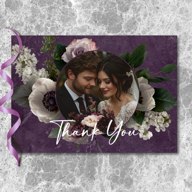 Carte De Remerciements Plum violet élégant Floral moderne Mariage photo (Plum Purple Elegant Floral Modern Wedding Photo Thank You Card)