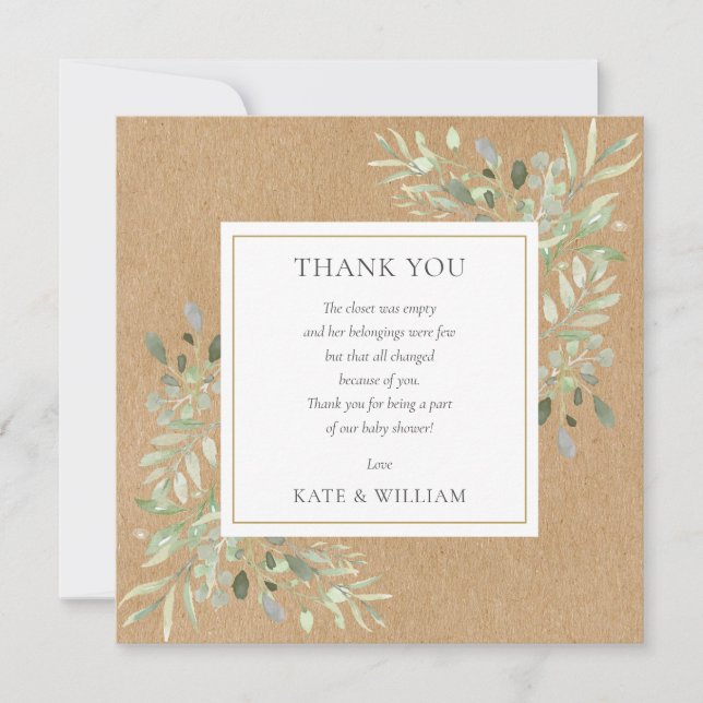 Carte De Remerciements Poème de Baby Shower au Kraft Rustique et à la Vég (Devant)