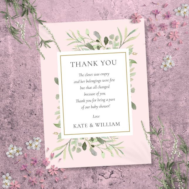 Carte De Remerciements Poème de Baby shower de la fille rose verdoyante  (Greenery Pink Girl Baby Shower Poem Thank You Card)