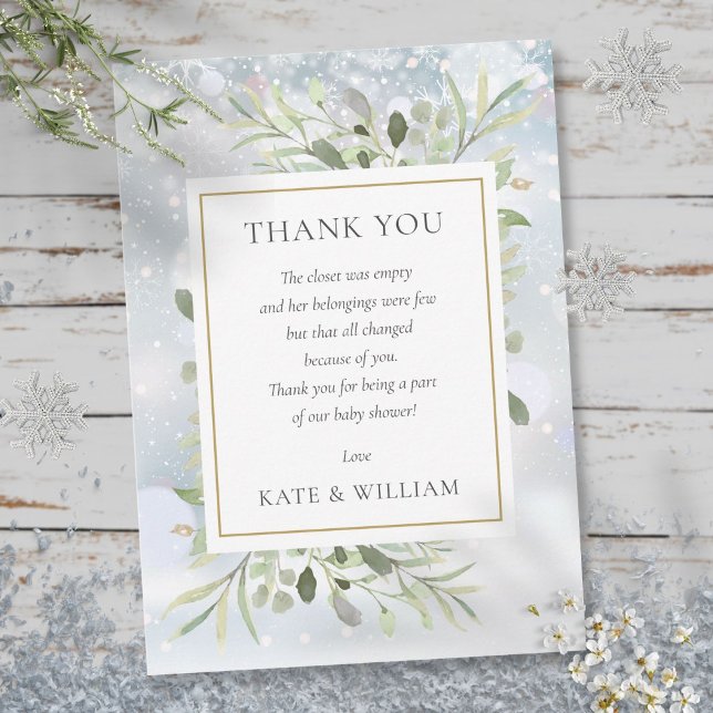Carte De Remerciements Poème de Baby Shower sur la verdure des flocons de (Winter Snowflakes Greenery Baby Shower Poem Thank You Card)