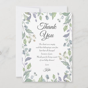 Carte De Remerciements Poème de remerciement de Baby Shower avec verdure 