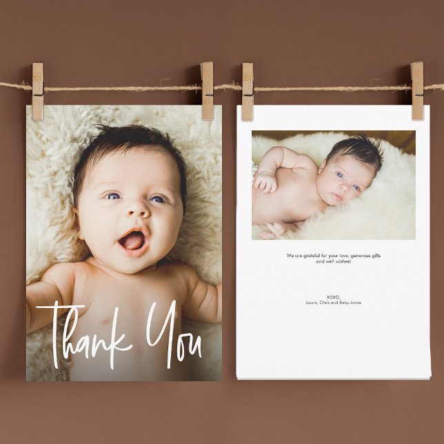 Carte De Remerciements Poignée moderne Personnalisé 2 Baby shower photos (Baby shower thank you 2 photo cards. Handlettering, modern typography.)