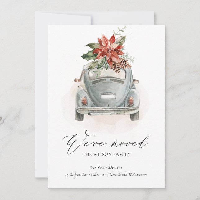 Carte De Remerciements Poinsettia Floral Voiture de Noël Nous avons Moved (Devant)