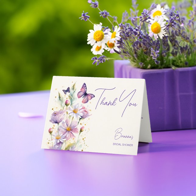 Carte De Remerciements Pommes à papillons violets douche de nage (Purple lavender butterflies bridal shower thank you card enchanted garden spring summed theme)