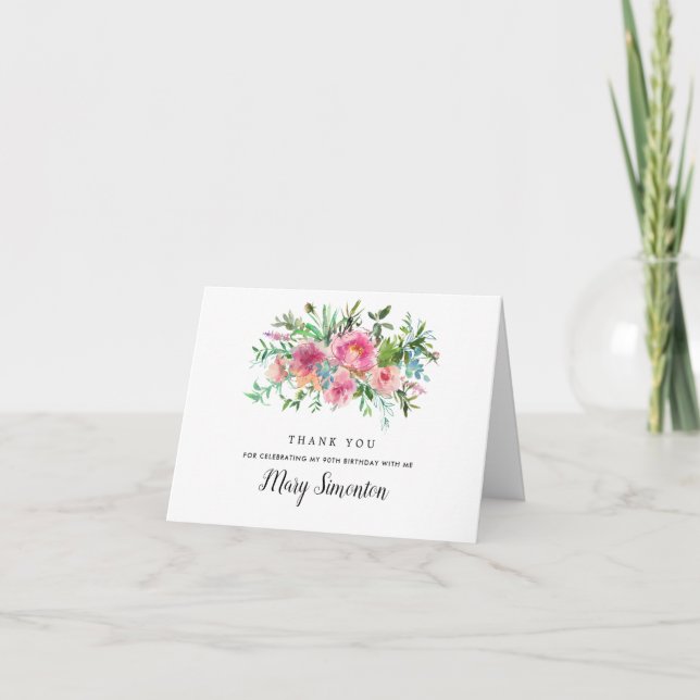 Carte De Remerciements Pony rose Floral 90e anniversaire Photo (Devant)