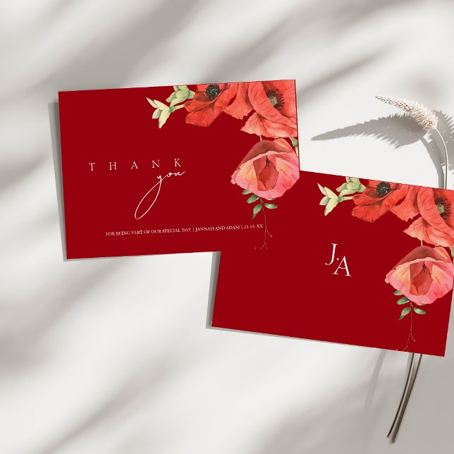 Carte De Remerciements Poppies rouges de Crimson simple Mariage de fleurs (Simple Crimson Red Poppies Floral Wedding Thank You Card)