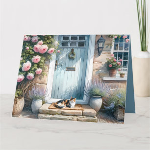 Carte De Remerciements Porche Floral Cottagecore avec Chat Calicot