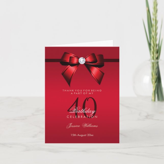 Carte De Remerciements Posh Gem Bow & Ribbon 40e anniversaire (Devant)
