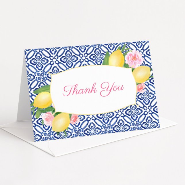 Carte De Remerciements Positano Carrelage Bleu Citron Rose Floral Fête de (Positano lemons and pink flowers baby girl shower thank you card)