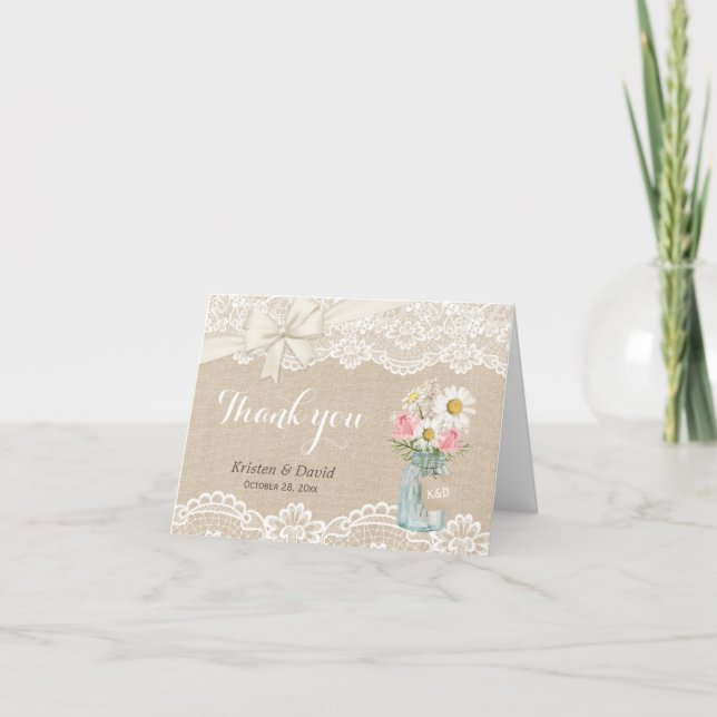 Carte De Remerciements Pot de maçon fleuri en dentelle de jute rustique M (Devant)