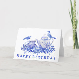 Carte De Remerciements Pot de thé bleu et blanc avec oiseaux   Anniversai
