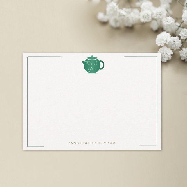 Carte De Remerciements Pot de thé Emerald Gold Mariage élégant (tea with bride bridal shower thank you emerald green gold elegant modern classic hand-written)