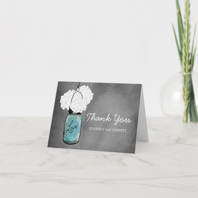 Carte De Remerciements Pot en verre Mason avec ardoise et hydrangeas blan (Devant)