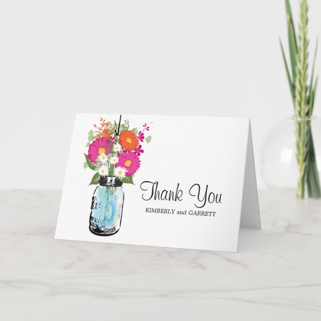 Carte De Remerciements Pot en verre Mason bleu rustique et gerber daisies (Devant)