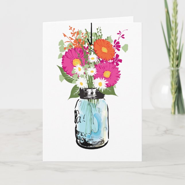 Carte De Remerciements Pot en verre Mason bleu rustique et gerbera daisie (Devant)