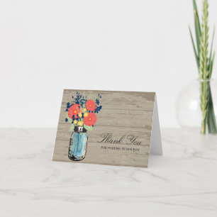 Carte De Remerciements Pot en verre Mason Bois Bleu et Jardin de Corail