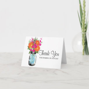 Carte De Remerciements Pot Mason en verre bleu et gerberas