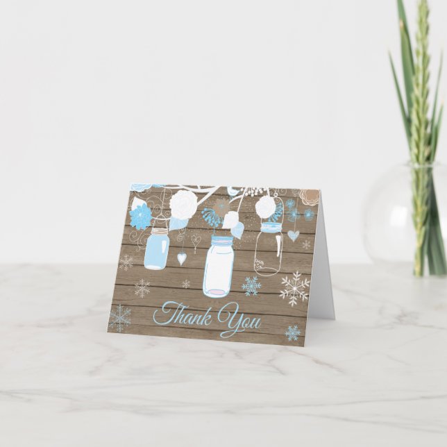 Carte De Remerciements Pot Mason Jar Flocon de Neige Hiver Rustique Bleu (Devant)