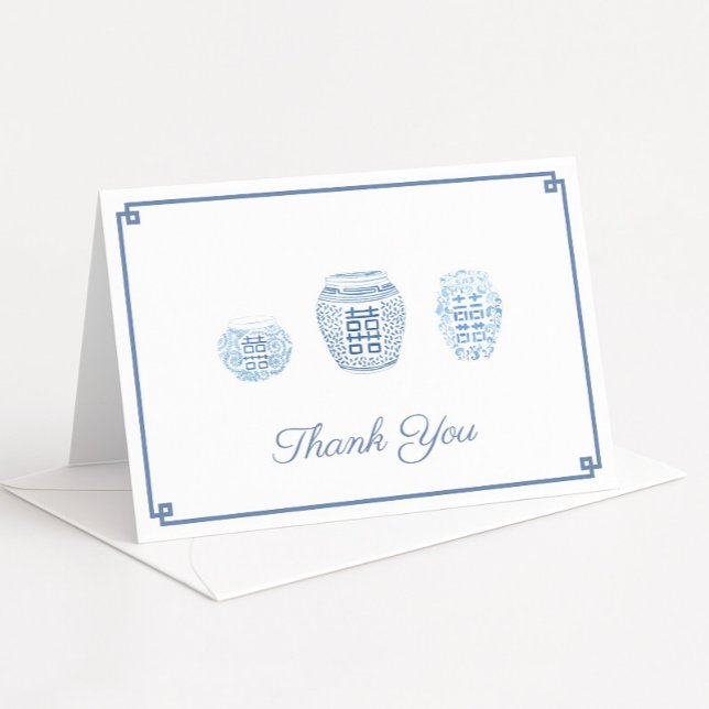 Carte De Remerciements Pots De Gingembre Bleu Et Blanc Préppy Personnalis (Elegant thank you cards featuring watercolor ginger jars with dark blue greek key border)