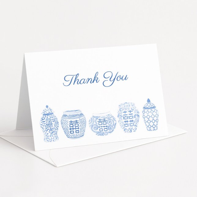 Carte De Remerciements Pots en gingembre classiques bleus et blancs du Su (Simple blue and white watercolor ginger jars thank you card design)