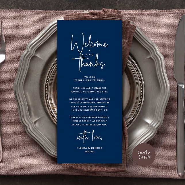 Carte de Remerciements pour Couverts de Table de B (Welcome and Thanks Modern Wedding Dinner Place Setting Thank You Card in Navy Blue)