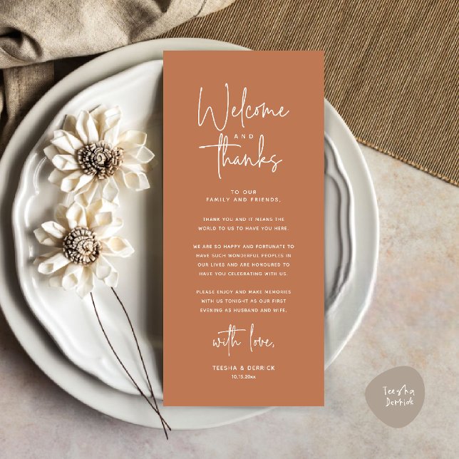 Carte de Remerciements pour le Couverts de Table d (Welcome and Thanks Modern Wedding Dinner Place Setting Thank You Card in Terracotta Copper Brown)