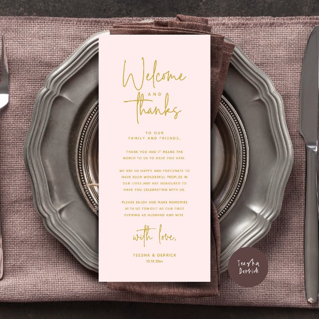 Carte de Remerciements pour le Couverts de Table d (Welcome and Thanks Modern Wedding Dinner Place Setting Thank You Card in Gold Blush)
