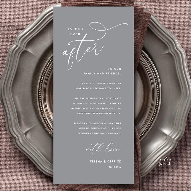 Carte de Remerciements pour le Dîner de Mariage et (Welcome and Thanks, Happily Ever After Modern Wedding Dinner Thank You Card in Classy Dark Grey)