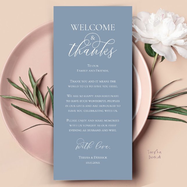 Carte de Remerciements pour le Dîner de Réception  (Welcome and Thanks Reception Dinner Thank You Card in Dusty Blue)