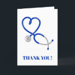 Carte de remerciements pour médecins et infirmière<br><div class="desc">Cette carte est parfaite pour dire grâce aux médecins, infirmières et autres personnels médicaux. Il présente une illustration d'un stéthoscope bleu en forme de coeur et le Merci du message ! sur le devant. L'intérieur de cette carte est vierge afin que vous puissiez la customiser avec votre propre message de...</div>