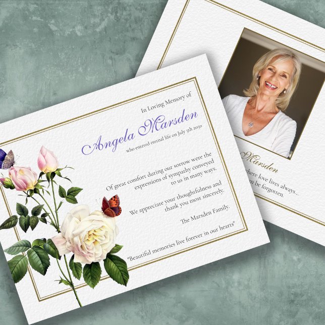 Carte de remerciements pour papillons funéraires e (Funeral Elegant Butterflies and Roses Bereavement Memorial Sympathy Thank You Card)