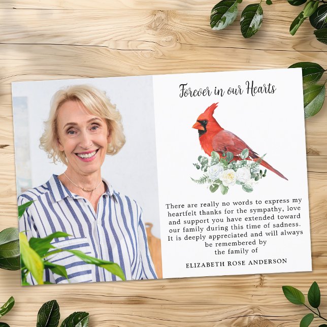 Carte De Remerciements Pour toujours dans nos coeurs Cardinal Bird Photo  (Créateur téléchargé)