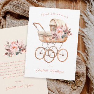 Carte De Remerciements Poussette Vintage Bébé Fleur Rose Baby Shower