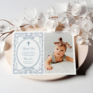 Carte De Remerciements Poussière Bleue Fantaisiste Coquette Baptême Pho