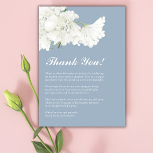 Carte De Remerciements Poussière de Fleur Blanche Élégante Baptême Bleu