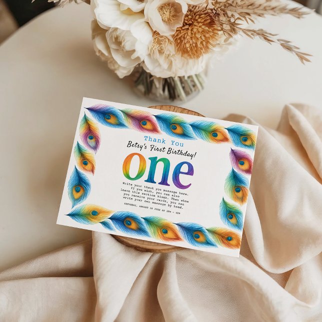 Carte De Remerciements Premier Anniversaire Aquarelle Arc-en-Ciel | Bébé  (Rainbow Watercolor 1st Birthday | Colorful Baby thank you card
)