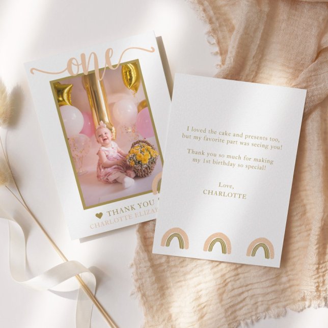 Carte De Remerciements Premier anniversaire Boho Rainbow Pink Gold Photo (Créateur téléchargé)