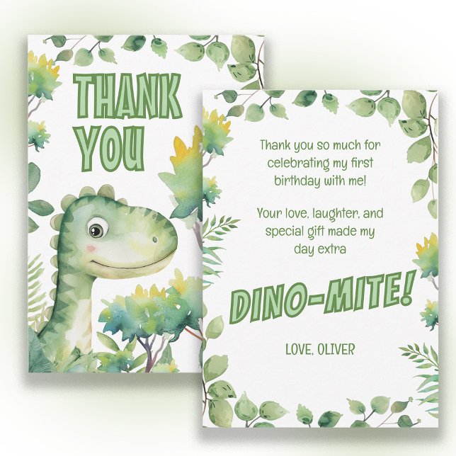 Carte De Remerciements Premier anniversaire de bébé dinosaure : Dino-Mite (Cute dinosaur 1st birthday party "Thank you" card. )