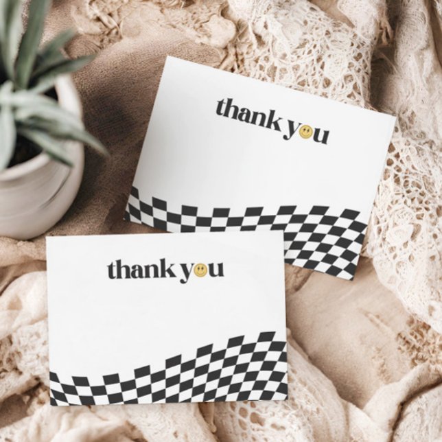 Carte De Remerciements Premier anniversaire du cool One Boy À damiers Rét (Créateur téléchargé)