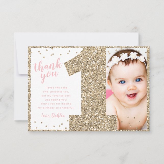 Carte De Remerciements Premier Anniversaire Or et Rose  (Devant)
