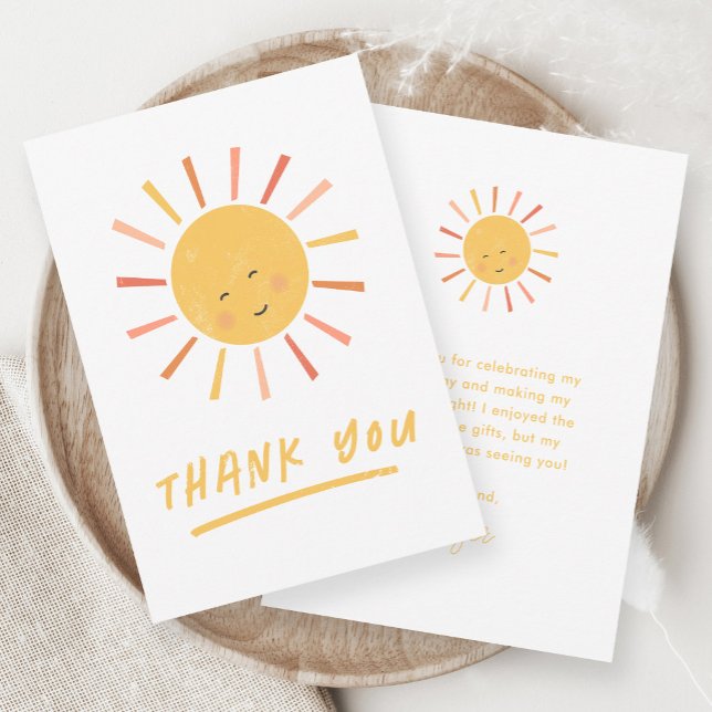 Carte De Remerciements Premier Tour Autour du Soleil Enfants Anniversaire (Hand-drawn modern sun illustration kids birthday party thank you note card.)