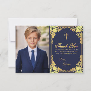 Carte De Remerciements Première Communion Bleu Marine Or Vintage Photo Ga