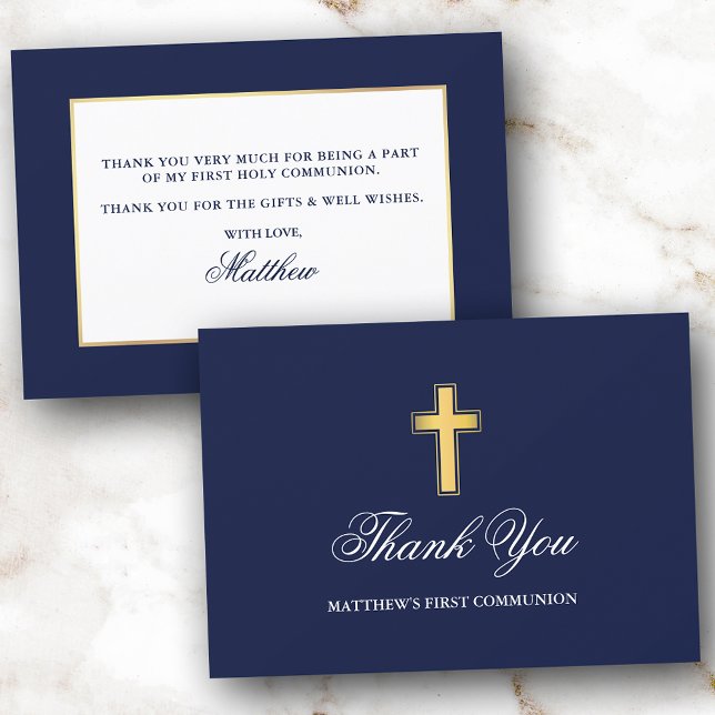 Carte De Remerciements Première Communion Bleue et Or (Customize to change text size, color or text style.)