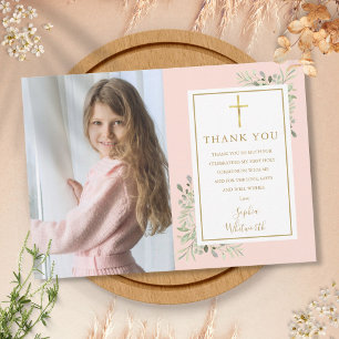 Carte De Remerciements Première communion blush rose verdure photo
