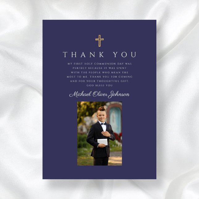 Carte De Remerciements Première communion catholique élégante bleu marine (Elegant Navy Blue Catholic Boy First Communion Thank You Card)