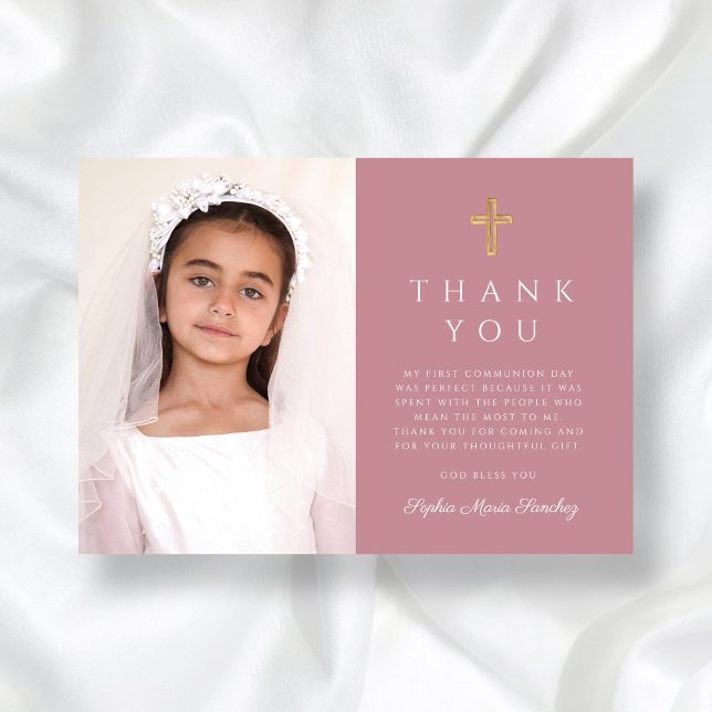 Carte De Remerciements Première communion de fille Dusty Rose photo (Girl First Communion Dusty Rose Cross Photo Thank You Card)