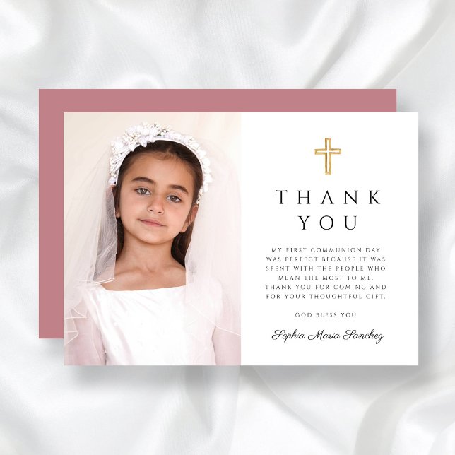 Carte De Remerciements Première communion de fille Dusty Rose photo (Girl First Communion Dusty Rose Cross Photo Thank You Card)