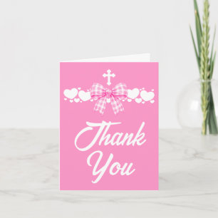 Carte De Remerciements Première communion de fille noeud rose à carreaux