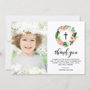 Carte De Remerciements Première communion de la couronne florale tropical