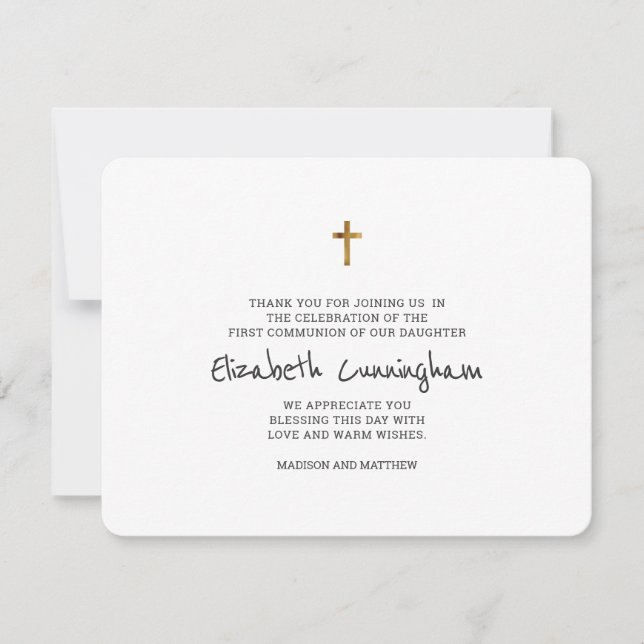 Carte De Remerciements Première communion de la Croix d'Or simple (Devant)